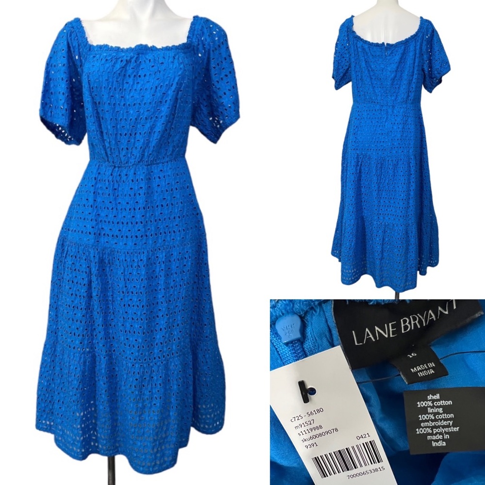 Lane Bryant plus Size 16 blue eyelet off-shoulder smocked waist midi dress